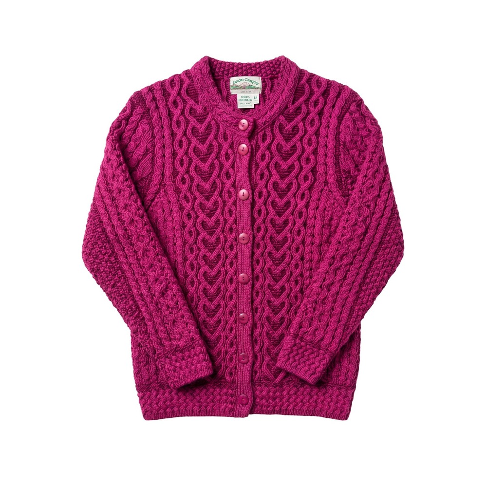 Aran Crafts Ireland Merino Wool Heart Cable Knit Cardigan Sweater Magenta M